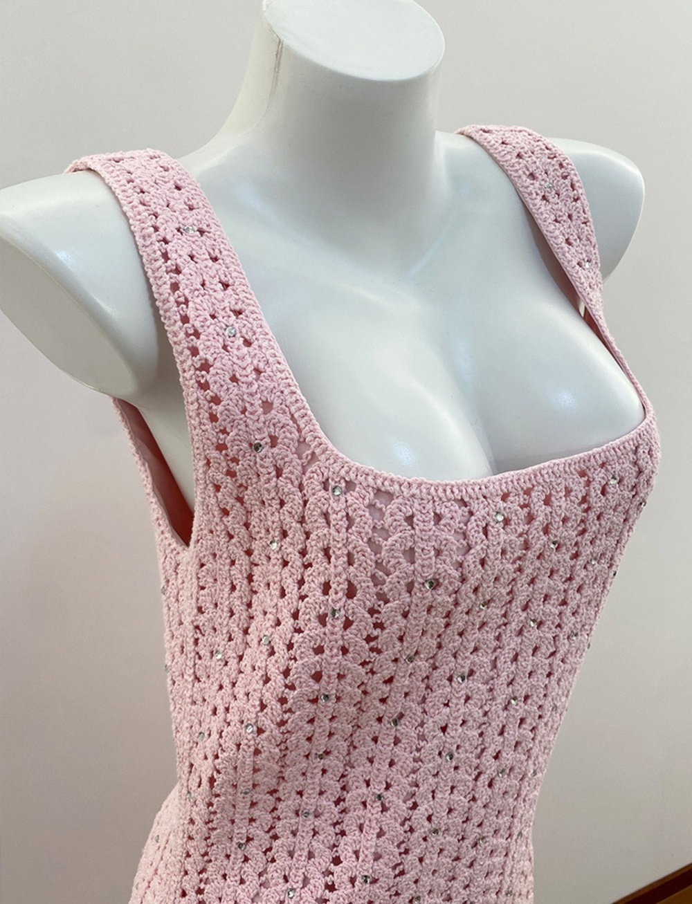 💖Maje Pink Crochet Sleeveless Midi Dress Square Neck Cutout Lace - Picture 8 of 9